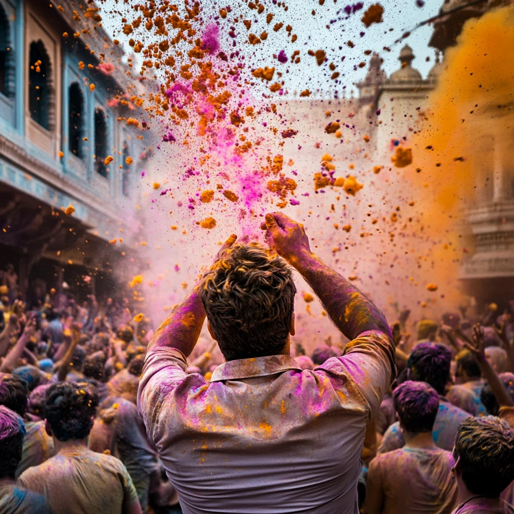 A vibrant Holi celebration in Rajashtan, India, where a man covered in colorful powders joyfully throws pink and orange gulal into the air. The festive crowd in the background, dressed in traditional attire, fills the temple courtyard with energy as historic architecture adds to the grandeur of the scene.