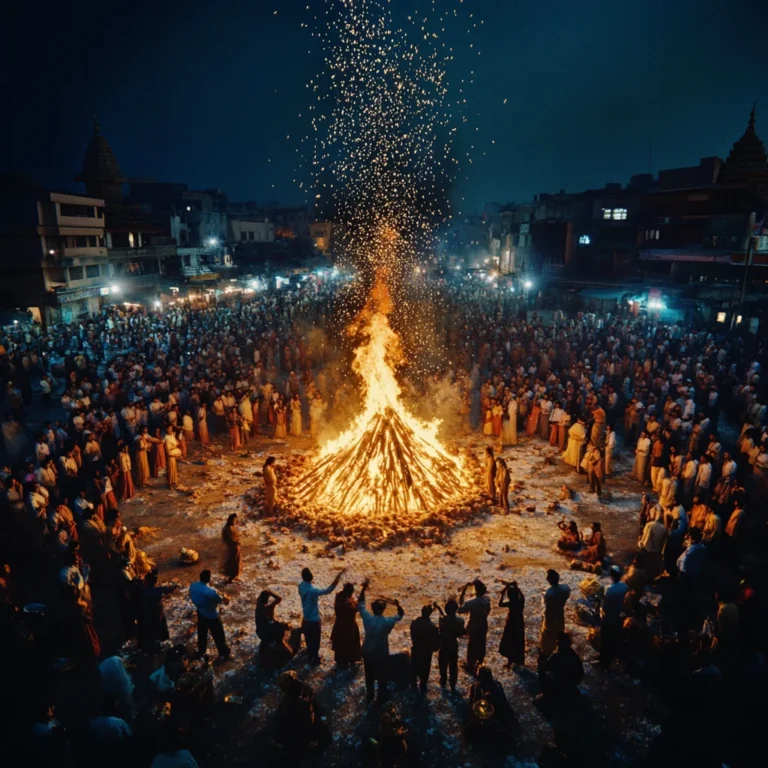 A grand Holika Dahan celebration in a bustling Indian town, where devotees gather around a towering bonfire to mark the victory of good over evil on the eve of Holi.