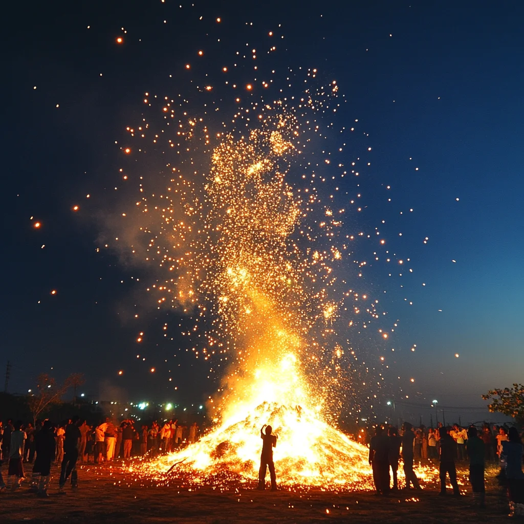 A grand Holika Dahan bonfire surrounded by people during Gujarati Holi, symbolizing the victory of good over evil.