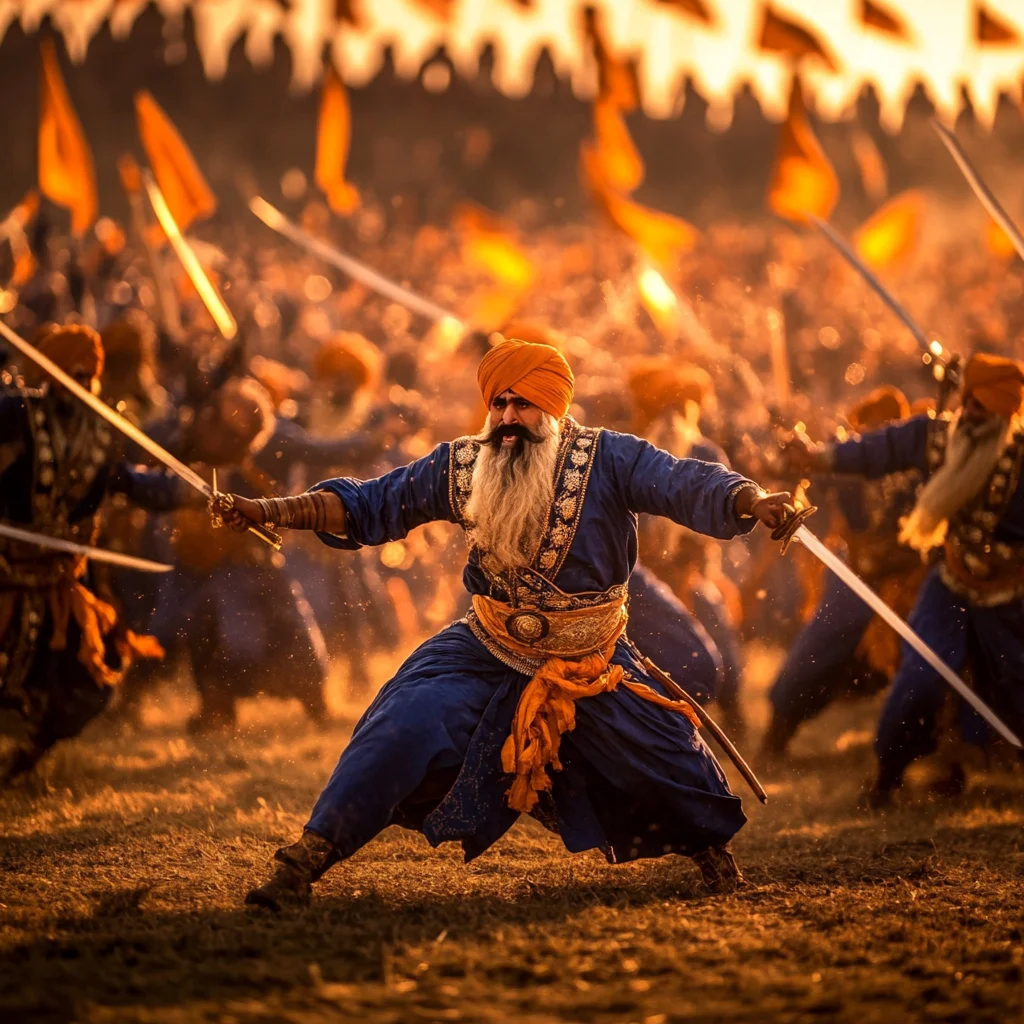 A Sikh warrior performing Gatka, the traditional martial art, during the Hola Mohalla festival, surrounded by fellow warriors waving swords and orange flags.