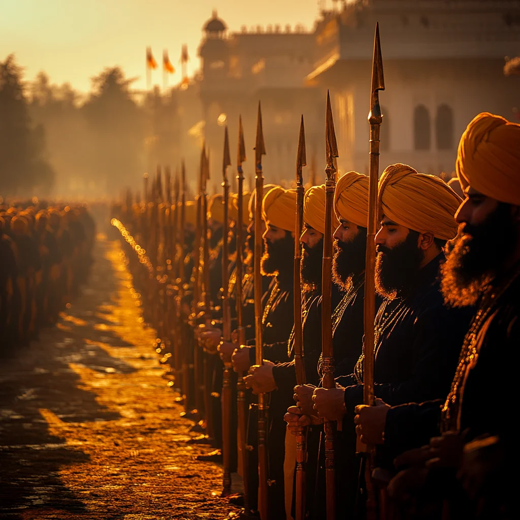 Sikh warriors standing in formation with spears during the Hola Mohalla festival, showcasing strength, discipline, and traditional martial spirit.