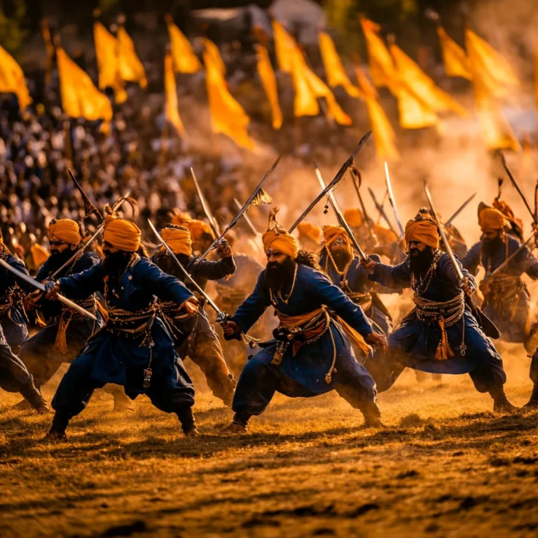 A powerful display of Sikh martial arts, Gatka, during the Hola Mohalla festival, with warriors in blue attire wielding swords in a grand traditional event.