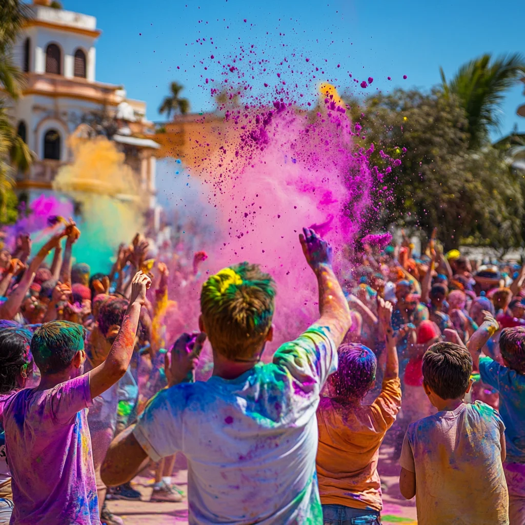 A lively Holi celebration captured from a backside view, where a large crowd joyfully throws vibrant pink, yellow, and green powders into the air. People covered in bright colors dance and cheer under a clear blue sky, with a historic building adding to the festive atmosphere.