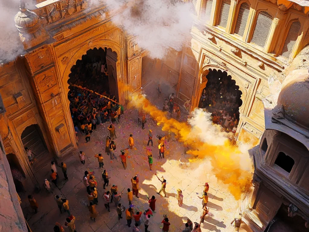 A stunning aerial view of a Holi celebration in Braj, India, where people gather in a historic temple courtyard, throwing vibrant orange and white powders into the air. The grand sandstone architecture and festive crowd create an immersive cultural and spiritual atmosphere.