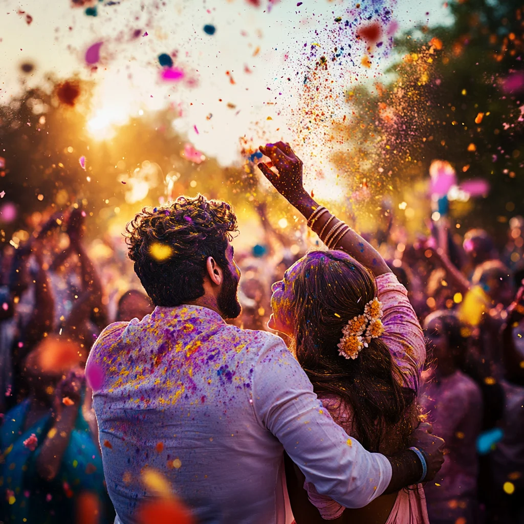 A romantic and vibrant Holi celebration featuring a couple embracing as they joyfully play with colors. The man, dressed in a white kurta, and the woman, in a traditional outfit with flowers in her hair, are surrounded by a festive crowd throwing colorful powders in the air, illuminated by warm golden sunlight.