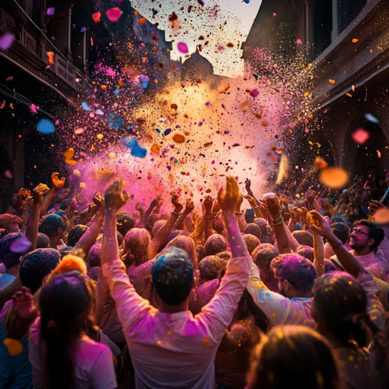 A vibrant Holi celebration in an open courtyard, where people joyfully throw colors in the air, marking the festive spirit of Holi in Vrindavan and Mathura.