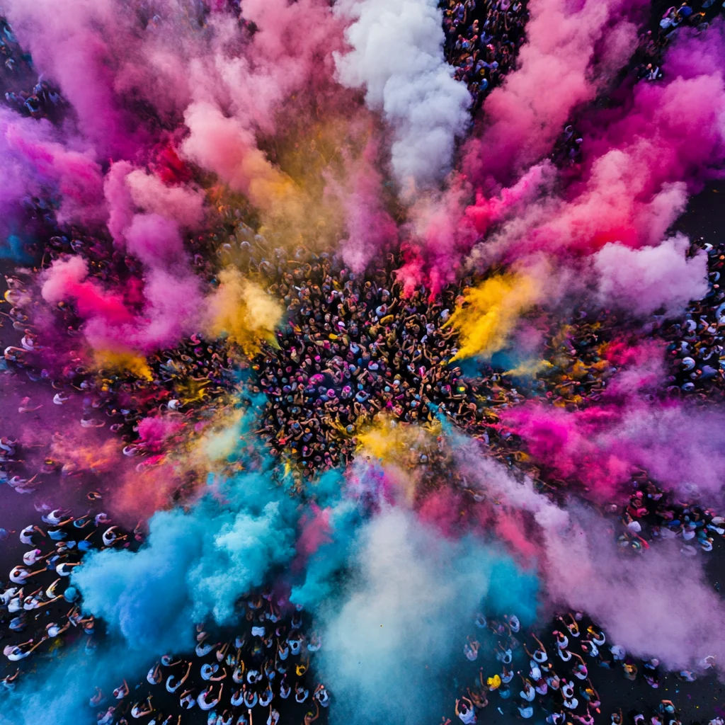 A breathtaking aerial view of a massive Holi celebration, where a large crowd gathers to throw vibrant clouds of pink, blue, yellow, and white colors into the air. The explosion of colors creates a mesmerizing pattern, capturing the festive spirit and joy of the Holi festival.