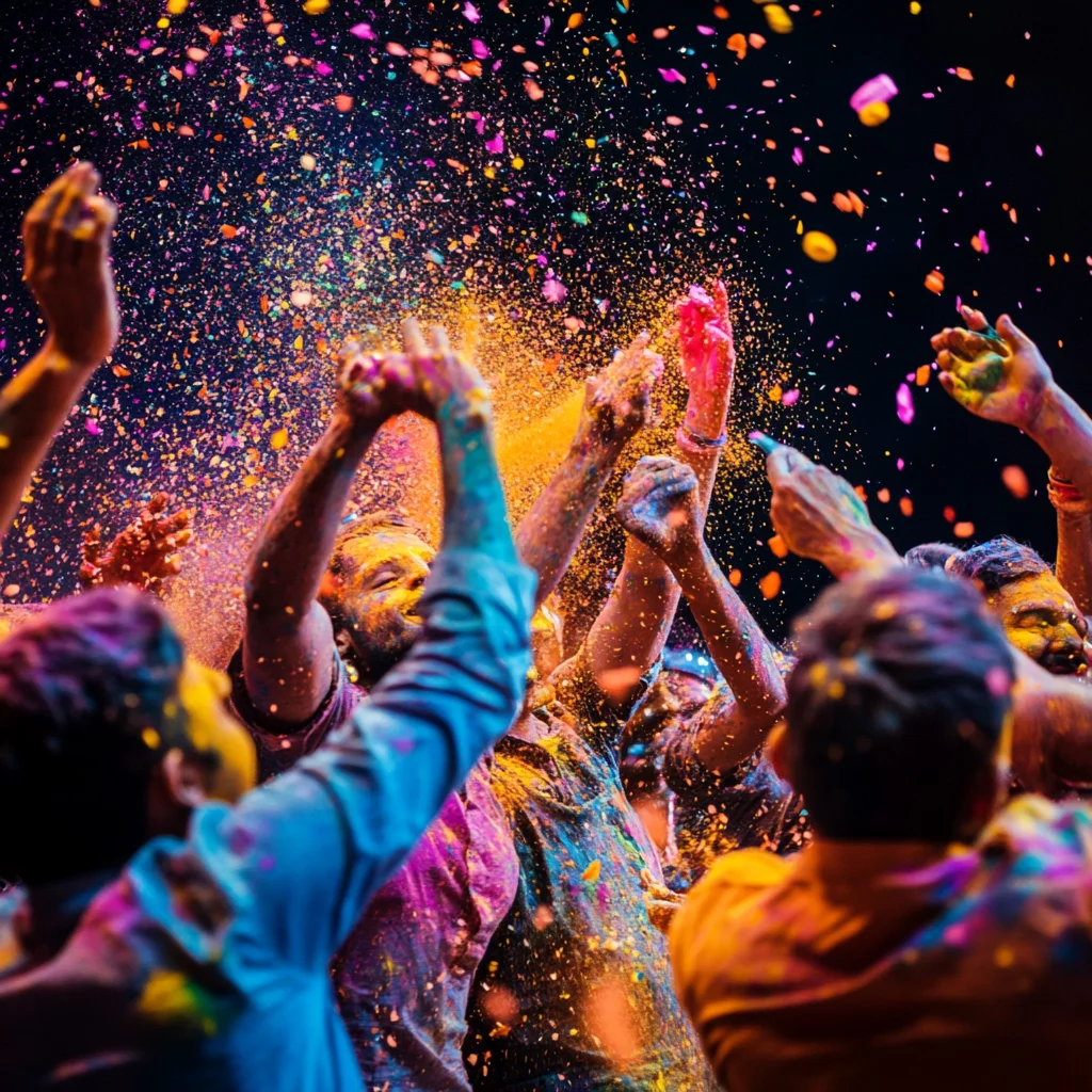 A close-up shot of a group of Gujarati people joyfully celebrating Holi, throwing vibrant colors into the air. Their faces and clothes are covered in bright powders as they laugh and cheer, capturing the energy and festive spirit of the festival of colors.