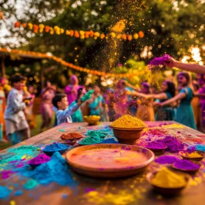 A festive Holi celebration in a lush green garden with bowls of colorful powders placed on a wooden table. In the background, people dressed in traditional attire joyfully throw vibrant colors into the air, with decorative garlands adding to the lively and cheerful atmosphere.