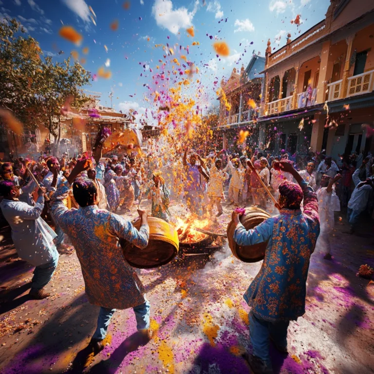 A vibrant Holi celebration in Gujarat with people playing drums, throwing colors, and performing rituals around a sacred fire.