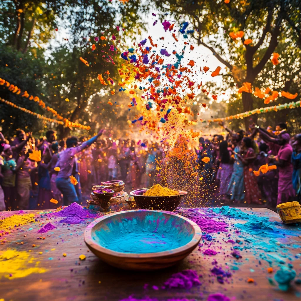 A vibrant Rang Panchami celebration during Holi in Madhya Pradesh, where people joyfully throw colorful powders in the air. A wooden table filled with bright blue, yellow, and purple gulal is in the foreground, while a festive crowd dances and celebrates in a lush green garden under golden sunlight.