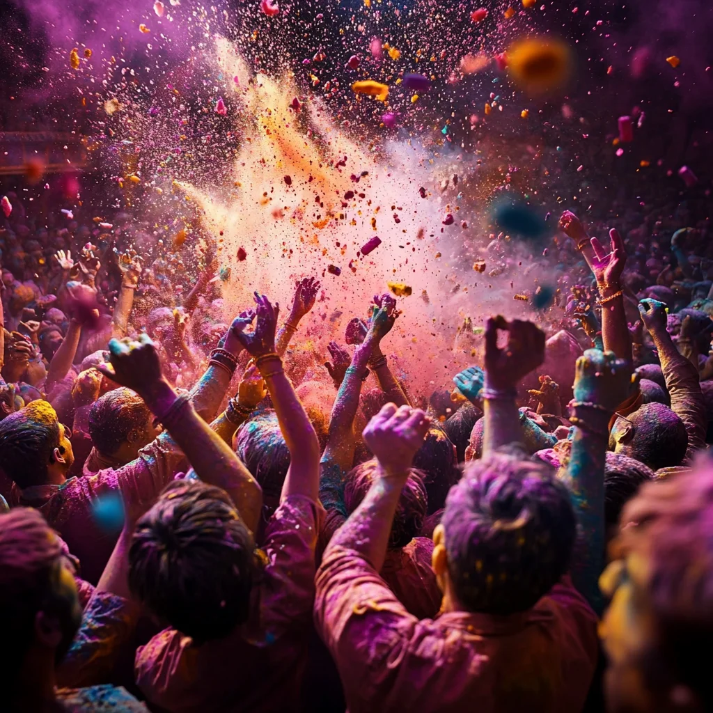 A crowd of people celebrating Holi with vibrant colors, dancing, and throwing gulal in a festive atmosphere.