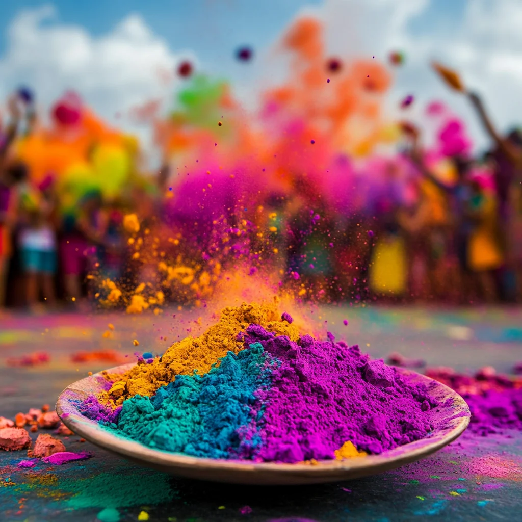 A close-up of a plate filled with vibrant Holi color powders in shades of purple, yellow, and blue, with a festive celebration happening in the blurred background. People joyfully throw colorful powders into the air, creating a lively and energetic atmosphere of the Holi festival.