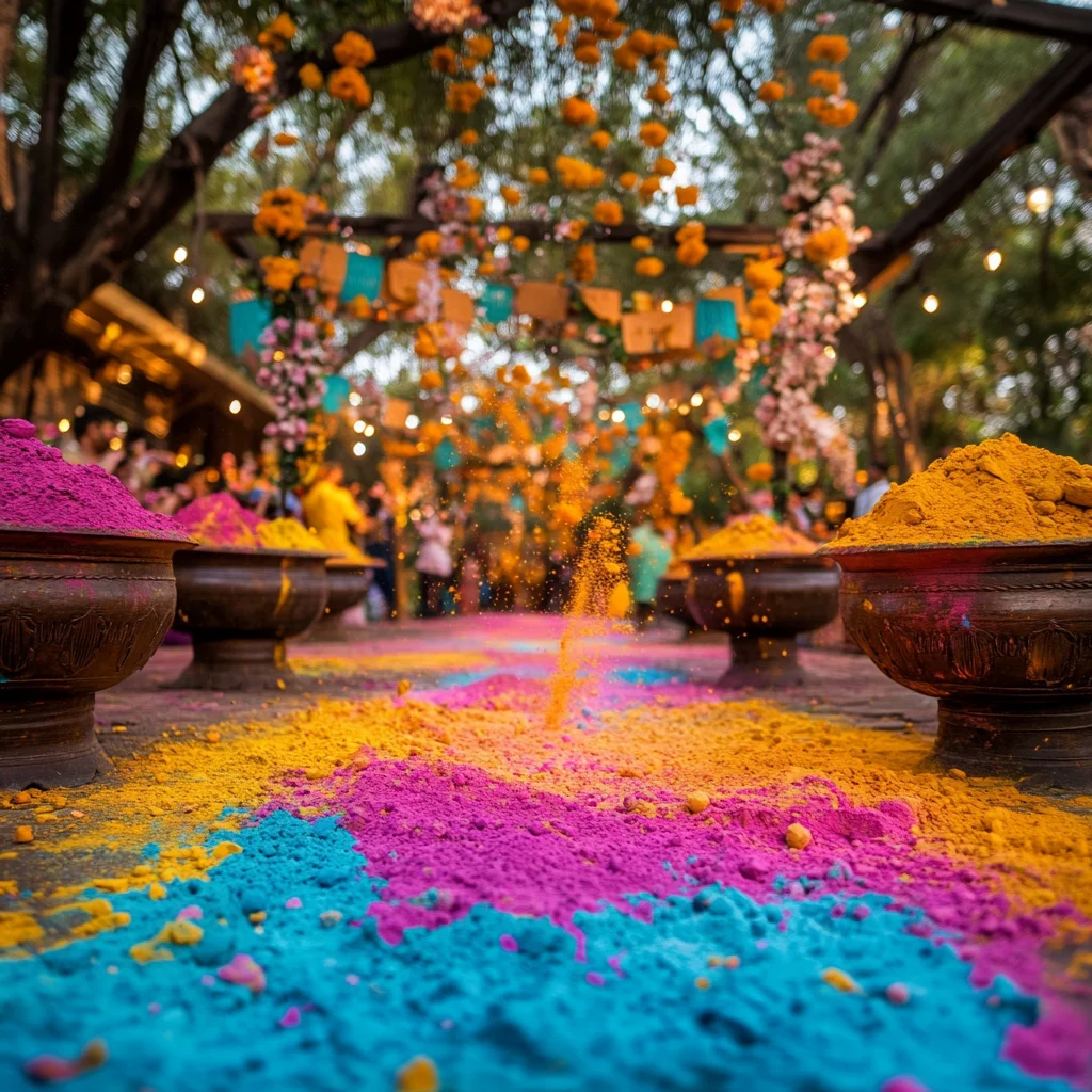 A vibrant Holi setup with colorful gulal in decorative pots, marigold flowers, and festive decorations in the background.