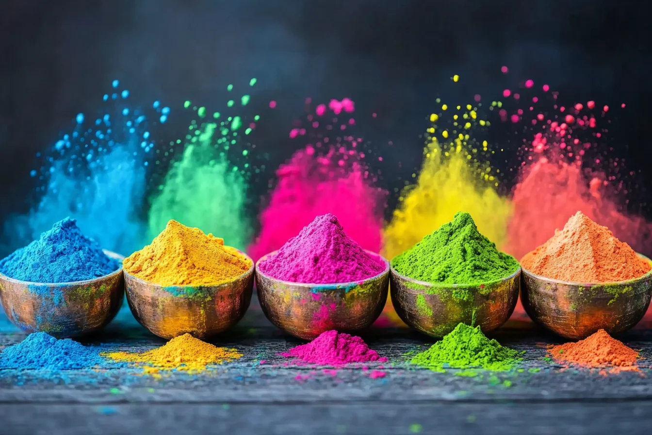 A vibrant display of Holi colors arranged in traditional brass bowls on a wooden surface. The powders in blue, yellow, pink, green, and orange burst into the air, creating a festive and colorful background that symbolizes the joyous spirit of the Holi festival.