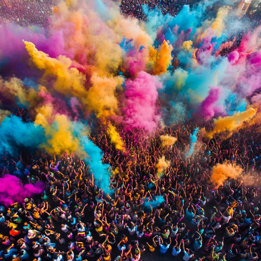 A breathtaking aerial view of a massive crowd celebrating the Holi festival, throwing vibrant clouds of pink, blue, yellow, and orange colors into the air. The scene captures the joyous energy and unity of the festival, with thousands of people raising their hands in celebration, immersed in a sea of bright hues.