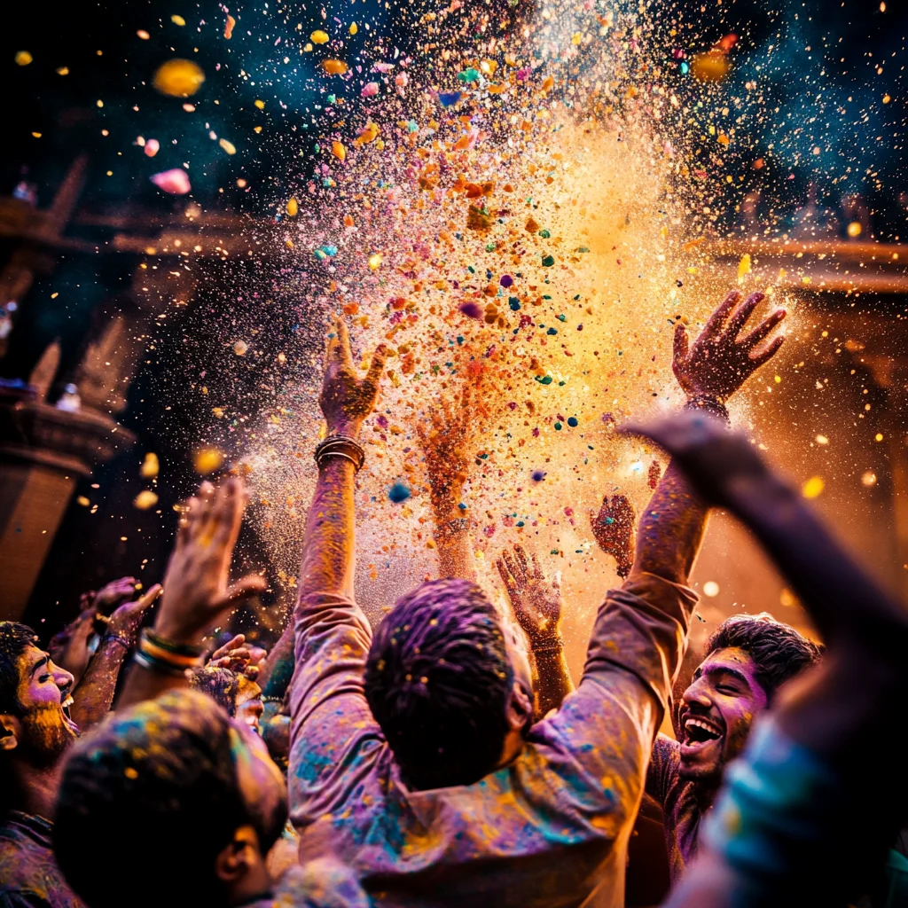 A vibrant cinematic photograph capturing a group of people joyfully celebrating the Holi festival, throwing colorful powders in the air with raised hands, expressing excitement and happiness. The scene is illuminated with bright hues of yellow, orange, and pink, creating a lively and festive atmosphere.