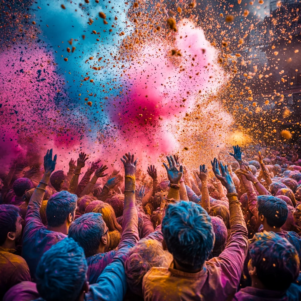 A dynamic and vibrant photograph of people celebrating the Holi festival, throwing colorful powders into the air. The crowd, covered in bright blue, pink, and orange hues, raises their hands in joy, creating a mesmerizing cloud of colors. The scene captures the festive energy and spirit of Holi, symbolizing unity and happiness.