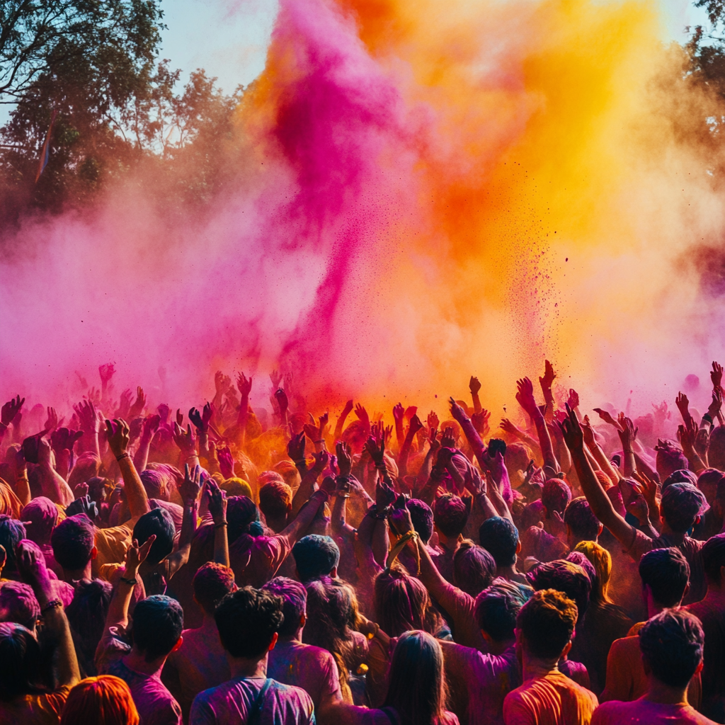 A vibrant scene of a large crowd joyfully celebrating the Holi festival, throwing bright pink, orange, and yellow powders into the air. The energetic gathering, with raised hands and cheerful expressions, captures the festive spirit and unity of the celebration under a clear sky.