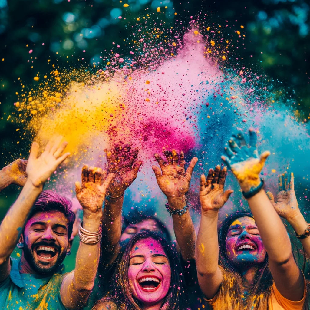 A joyful group of friends celebrating Holi, throwing vibrant clouds of yellow, pink, and blue colors into the air. Their faces are covered in bright powders as they laugh and raise their hands in excitement, capturing the festive spirit of the festival of colors.