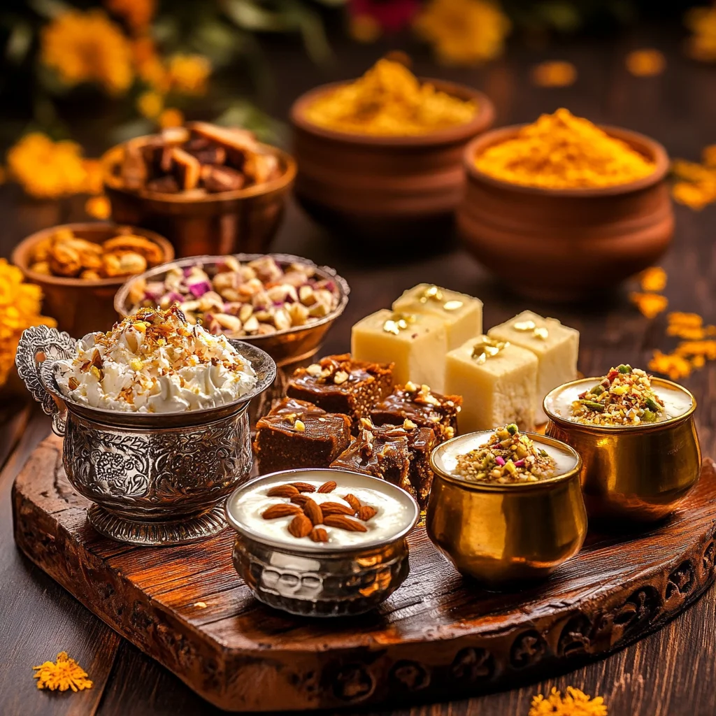 A beautifully arranged Holi feast featuring traditional Indian sweets, nuts, and flavored drinks, symbolizing festive celebrations.