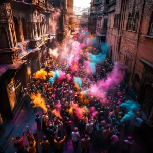 A vibrant Holi celebration in Bihar with a large crowd throwing colorful powders in the streets, creating a festive atmosphere.