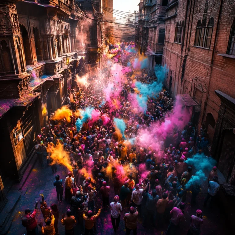 A vibrant Holi celebration in Bihar with a large crowd throwing colorful powders in the streets, creating a festive atmosphere.