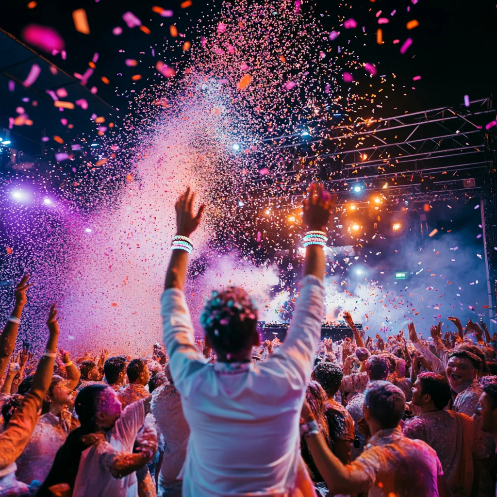 A high-energy Holi party at night, featuring a DJ, colorful lights, and a crowd dancing under vibrant bursts of color.