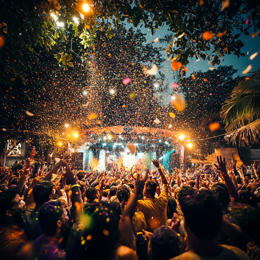 A lively Holi party in a Goan street fair with a large crowd dancing under colorful lights and flying flower petals. The night-time celebration is filled with energy as people joyfully raise their hands, surrounded by festive decorations, music, and a vibrant atmosphere.