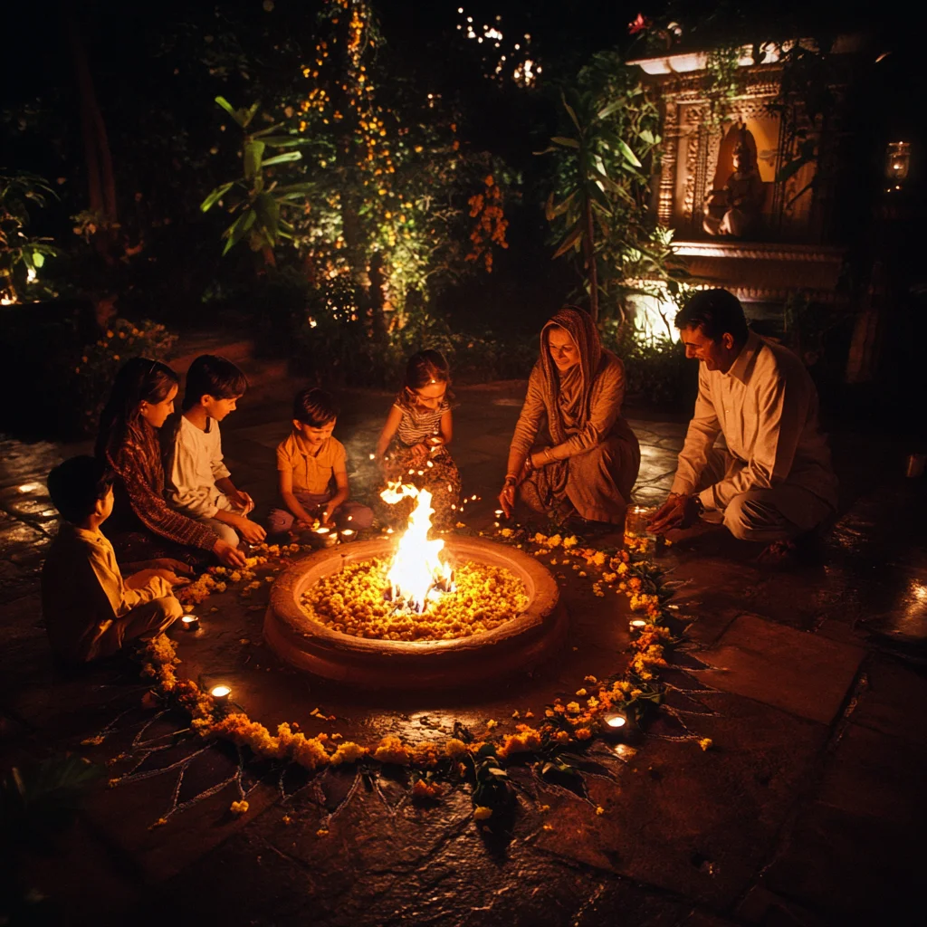 A warm Holika Dahan pooja at home with a family gathered around a sacred fire, performing rituals on the eve of Holi in a serene setting.