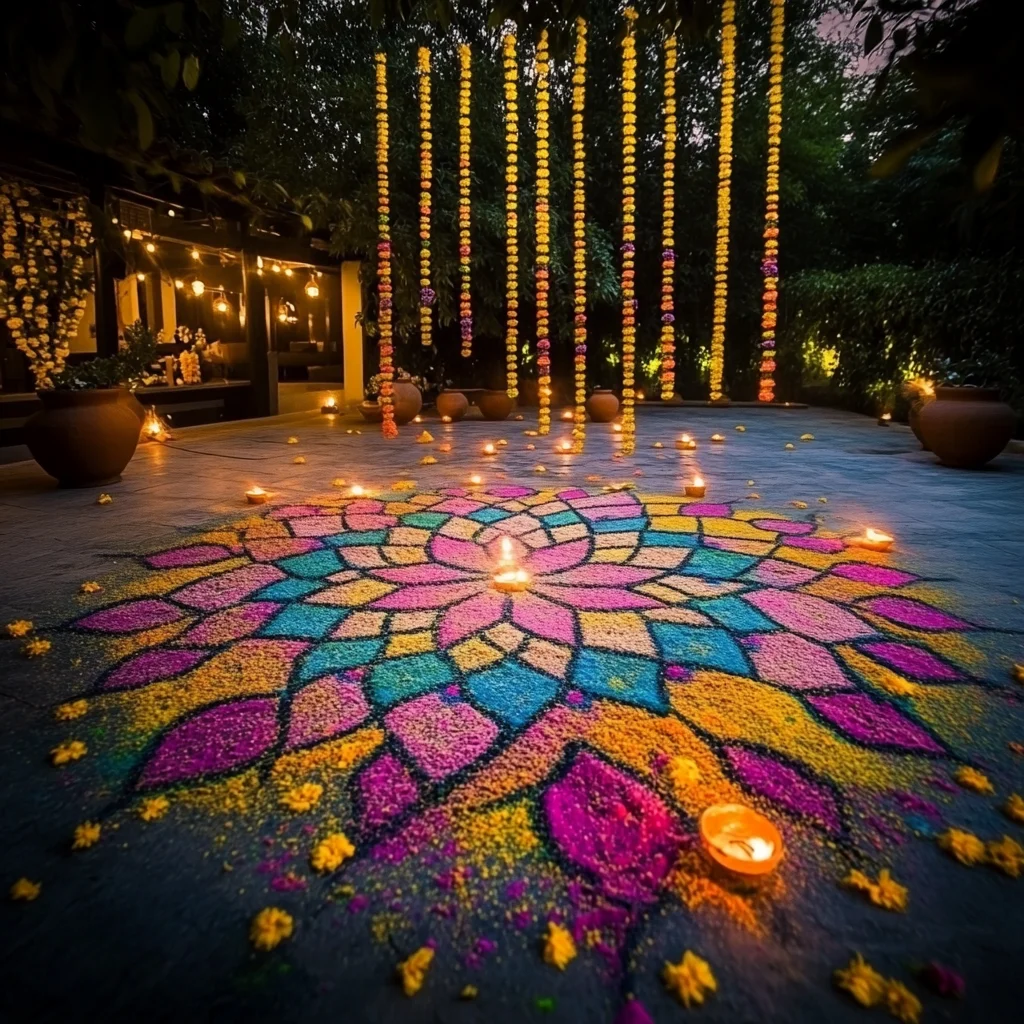 A beautifully designed rangoli made with vibrant colors, surrounded by diyas and floral decorations, celebrating Holi in a festive ambiance.