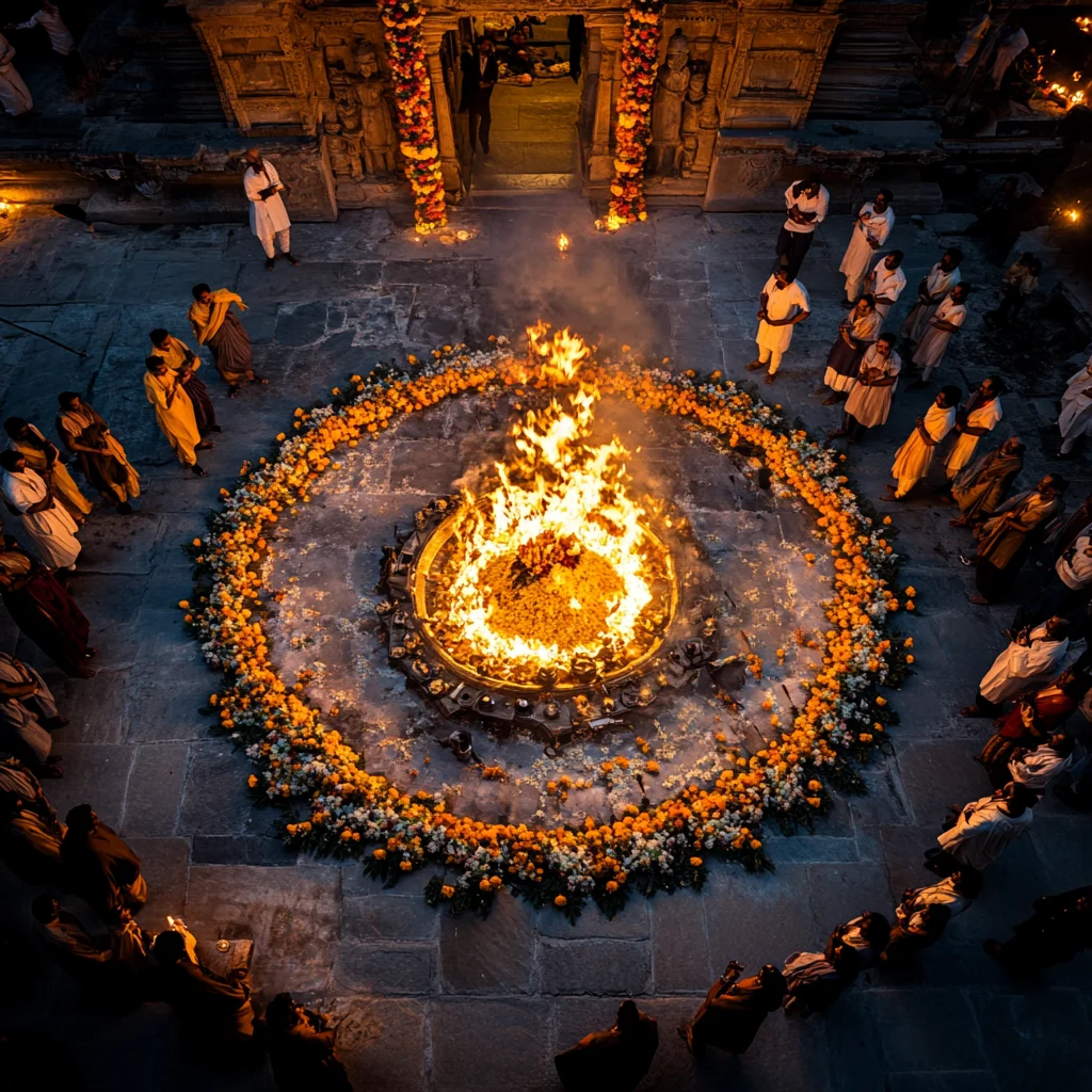 A sacred Holika Dahan ceremony in an open courtyard, surrounded by devotees following Holi Vastu rituals.