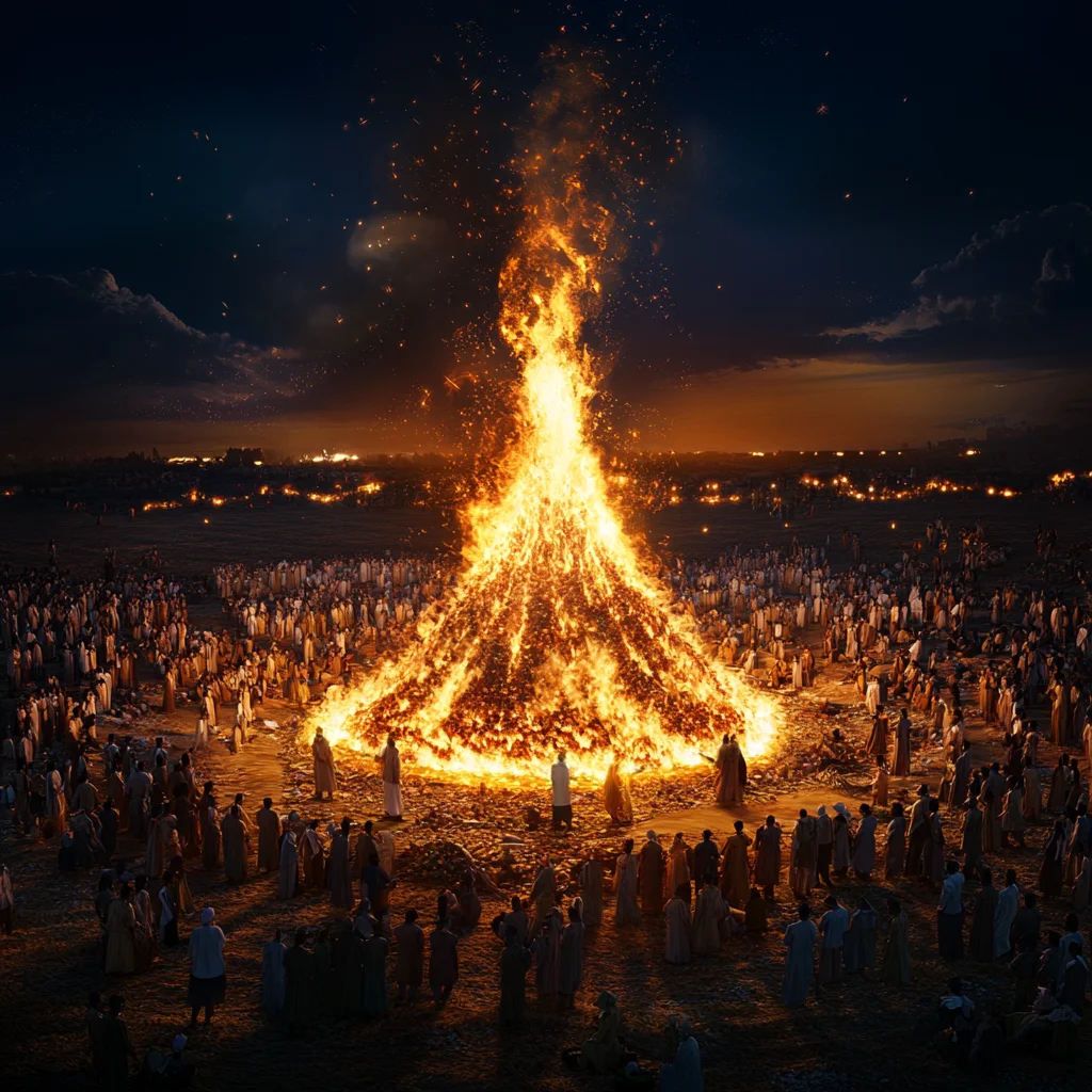 A mesmerizing night-time scene of Holika Dahan, where a massive bonfire blazes high into the sky, surrounded by a large gathering of people dressed in traditional attire. The warm glow of the fire illuminates the crowd as they observe the ritual, symbolizing the triumph of good over evil in Hindu tradition.