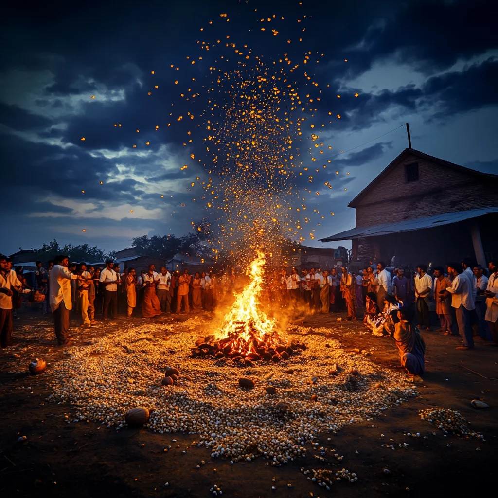 A sacred Holika Dahan ritual in a village with people gathered around a large bonfire, performing traditional ceremonies.