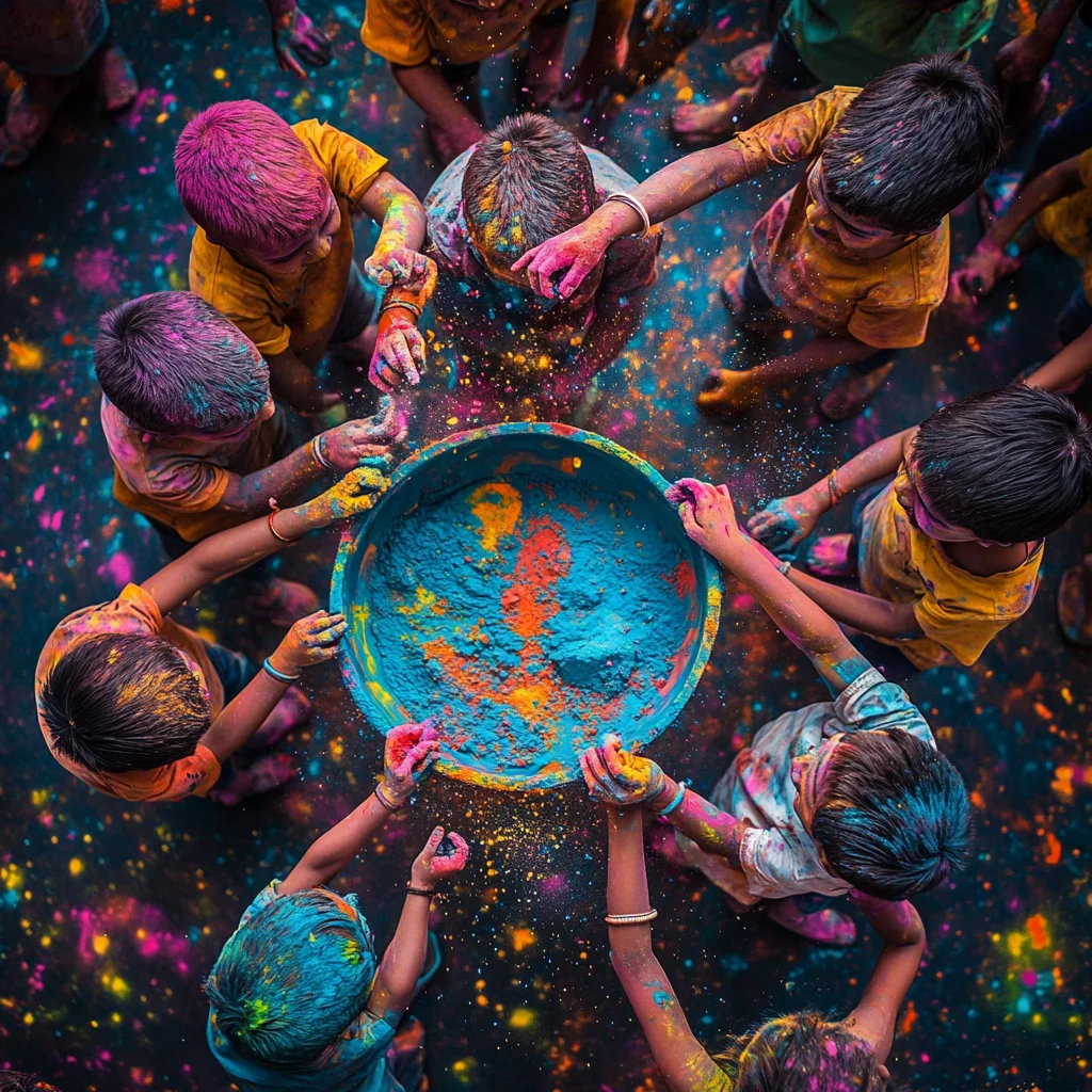 A group of Indian children joyfully celebrating Holi, gathered around a large bowl filled with vibrant blue and multicolored powders. Their hands are covered in bright hues as they reach into the bowl, with colorful splashes decorating the ground, creating a festive and lively atmosphere from a top-down perspective.