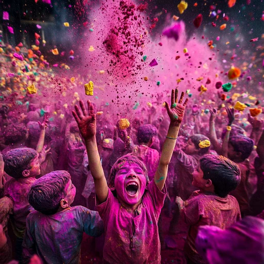 A joyful group of Indian children playing Holi, covered in vibrant pink, yellow, and green colors. The central child, with arms raised, has an ecstatic expression as colored powder fills the air, creating a festive and energetic scene.