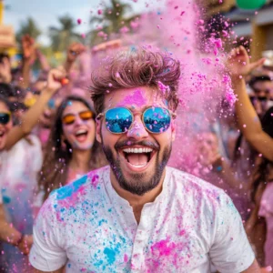 A young Indian man wearing a stylish white kurta and sunglasses, smiling joyfully as pink and blue Holi colors explode around him. The background features a lively crowd celebrating with bright powders, music, and festive energy, capturing the essence of the Holi festival.