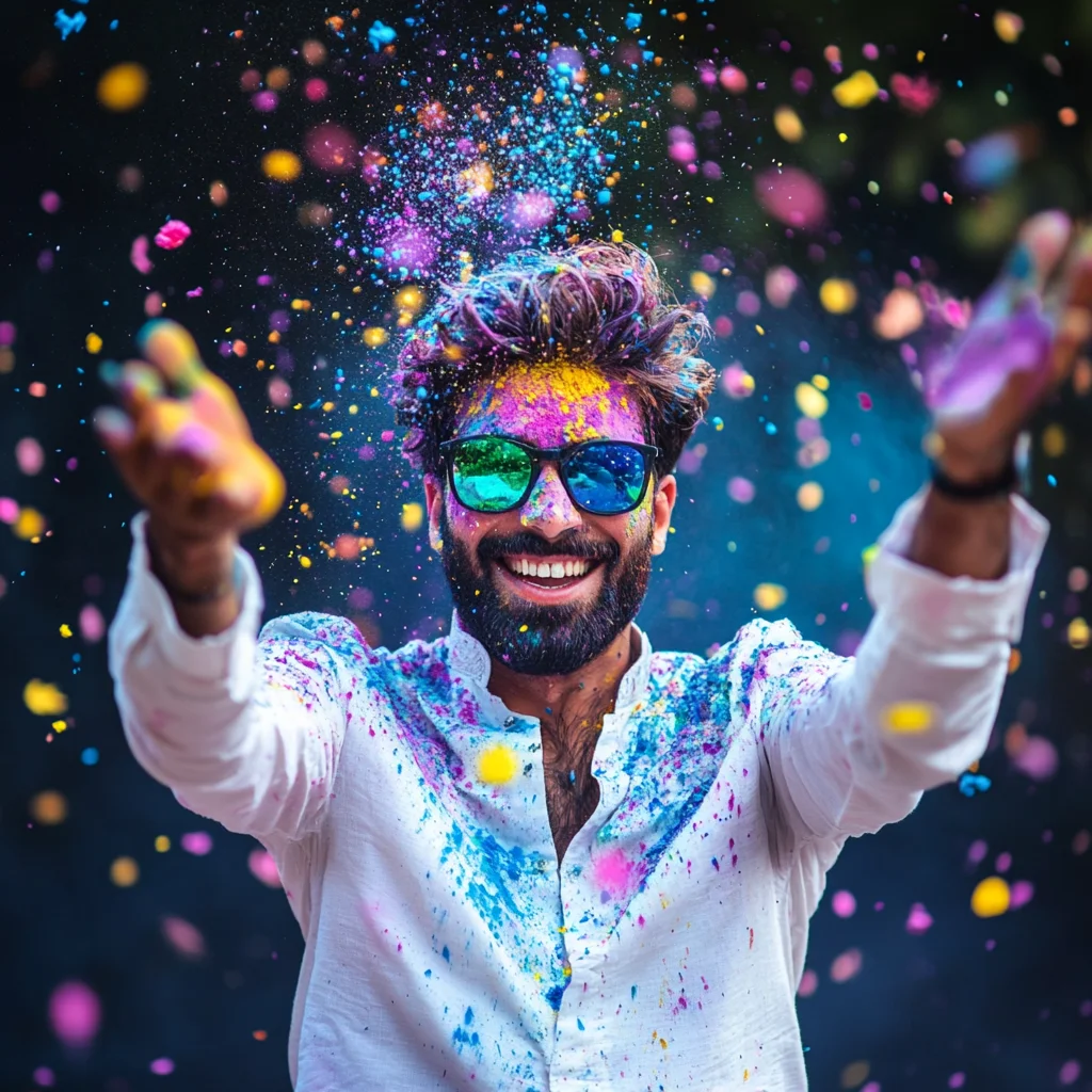  A cheerful Indian man wearing a white kurta and sunglasses, joyfully throwing vibrant Holi colors into the air. His face and clothes are covered in bright powders, with a dynamic background filled with colorful splashes, capturing the festive spirit of Holi.