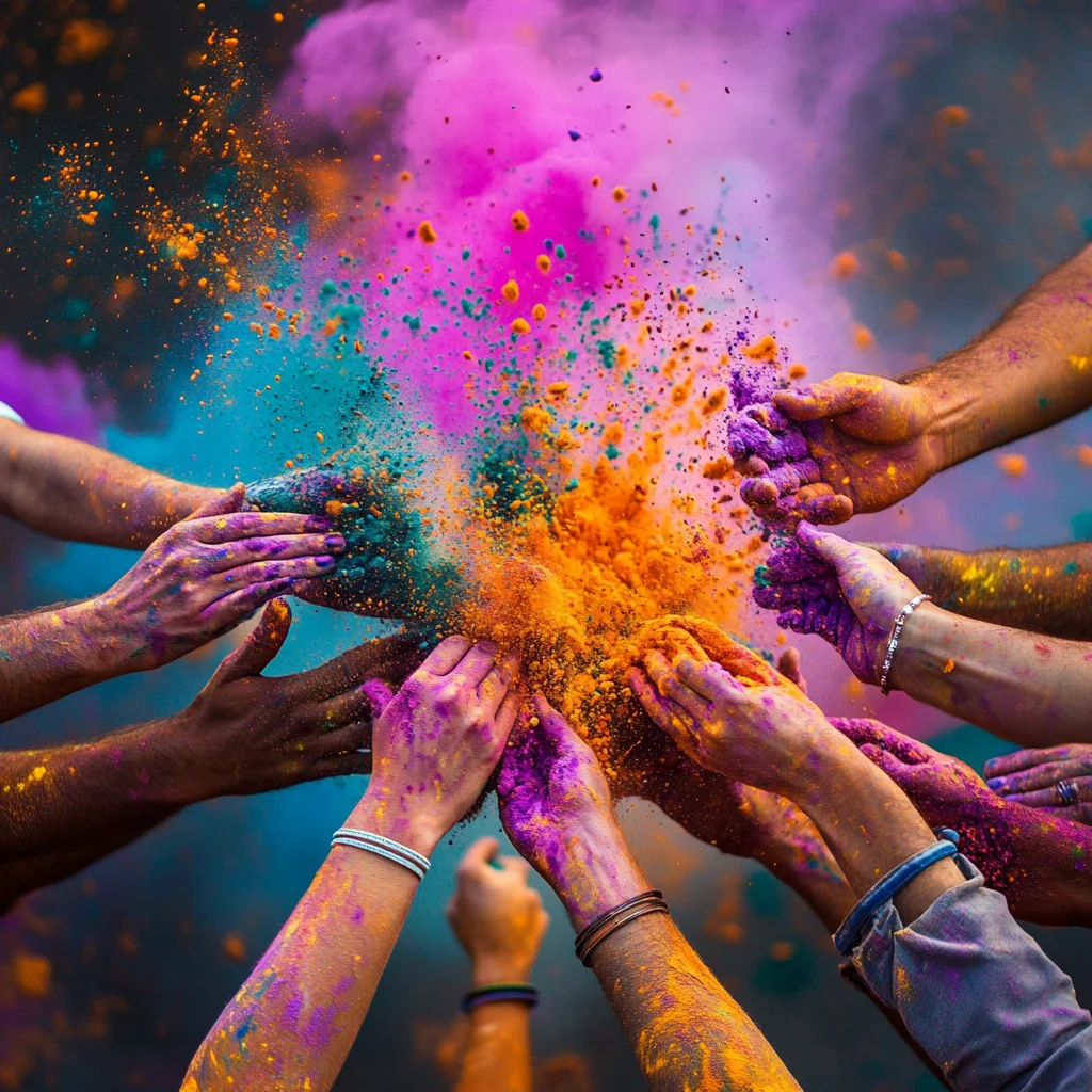 A close-up shot of multiple hands covered in vibrant Holi colors as people joyfully throw orange, purple, and blue powders into the air. The explosion of colors captures the festive energy and spirit of the Holi celebration, symbolizing unity and happiness.