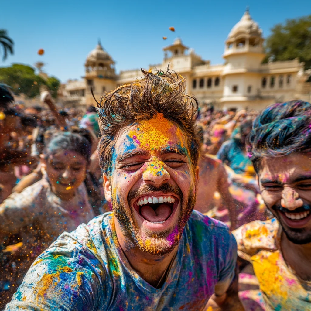 A cheerful group of people celebrating Holi in Udaipur, India, covered in bright colors. The central figure, a young man with a big smile, has his face smeared with yellow, blue, and orange powders, surrounded by a joyous crowd with a historic palace in the background.