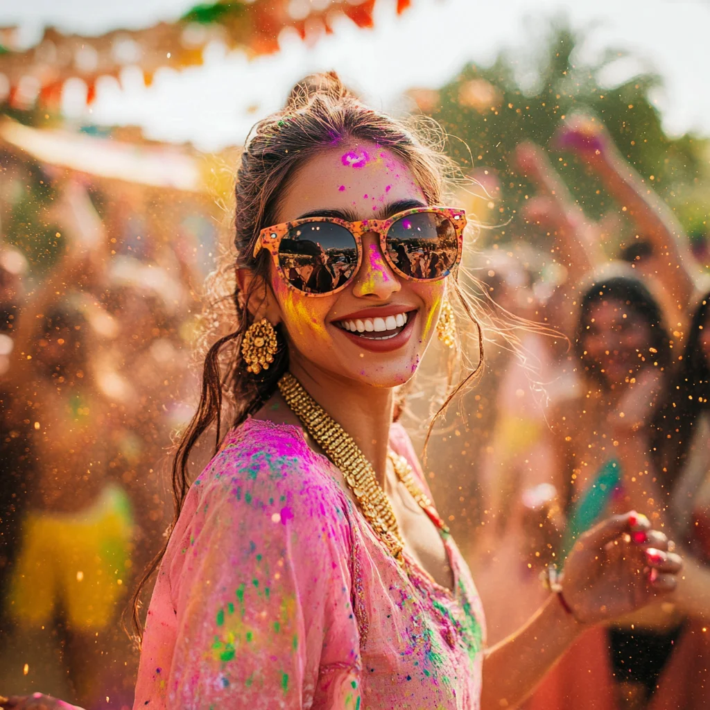 An Indian woman dressed in a pink traditional outfit, adorned with gold jewelry and stylish sunglasses, celebrating Holi with a joyful smile. Her face and clothes are covered in vibrant colors as she stands amidst a lively crowd, with festive decorations and splashes of color filling the background.