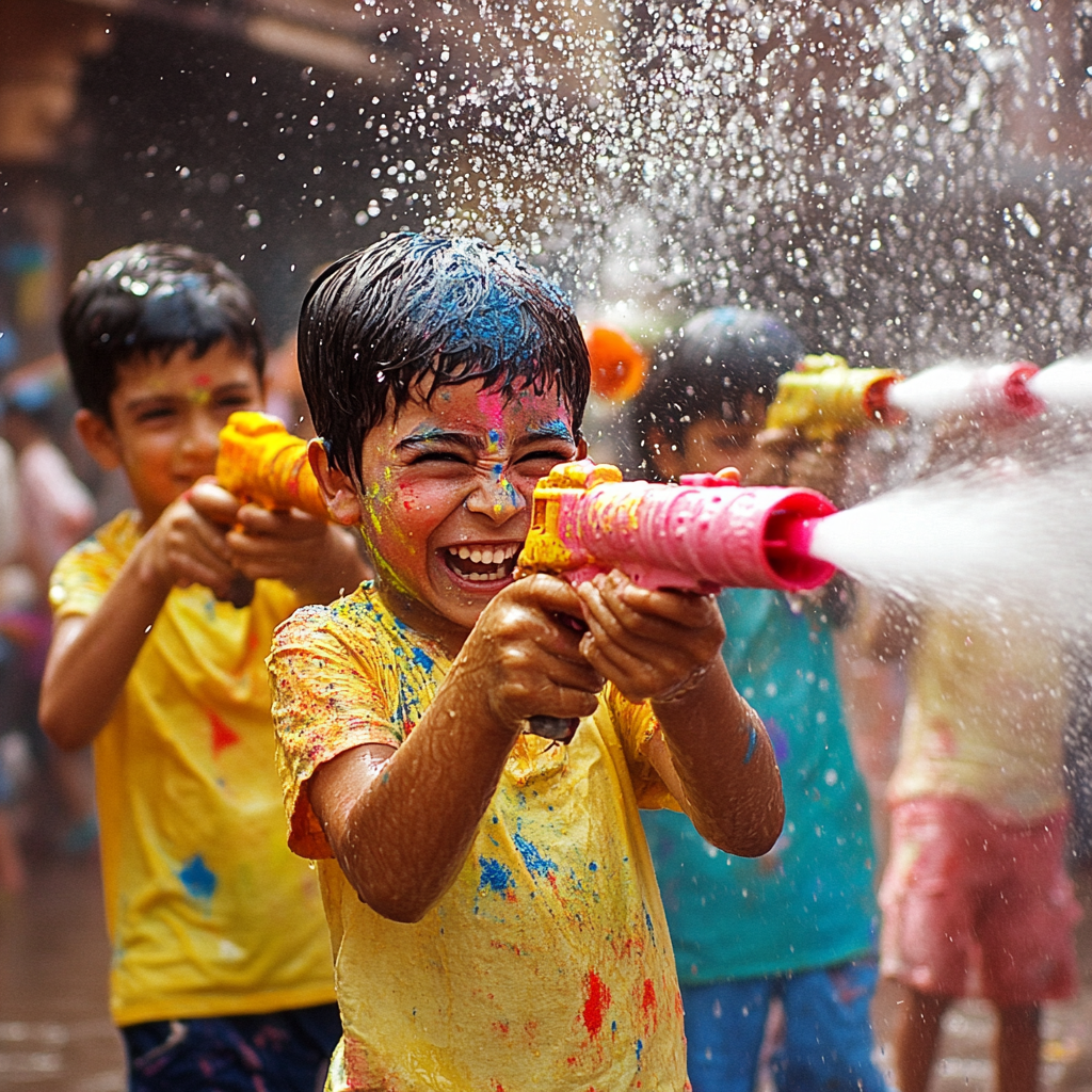 A joyful group of children celebrating Holi by playing with water guns, spraying streams of water while covered in bright colors. The main child in focus, wearing a yellow shirt, laughs with excitement as he aims his pink and yellow water gun. The background captures more children enjoying the festival, creating a lively and cheerful atmosphere.