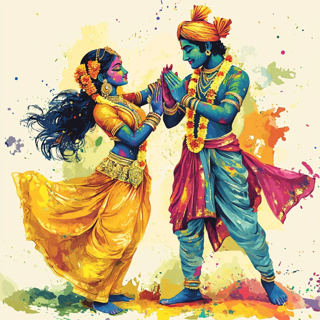 A colorful artistic depiction of Lord Krishna and Radha celebrating Holi in a vibrant, traditional style. Krishna, dressed in blue with a pink and gold dhoti, and Radha, in a flowing yellow outfit, joyfully play with colors, adorned with floral garlands and traditional jewelry, symbolizing divine love and festivity.