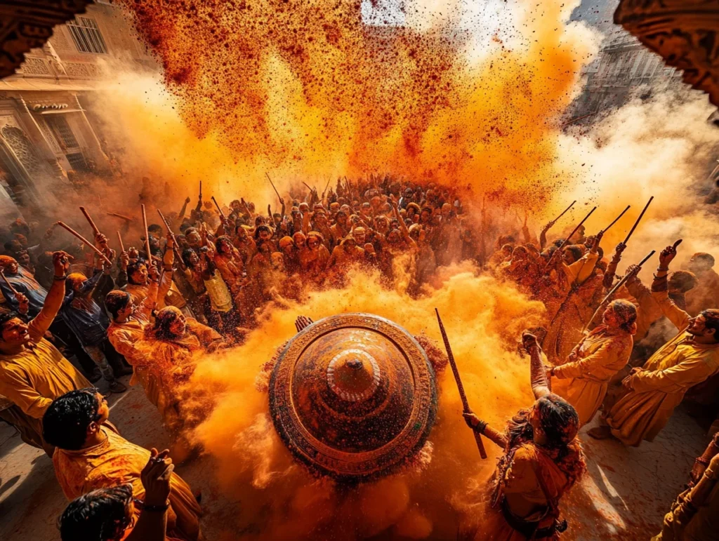 A vibrant scene from the Lathmar Holi celebration in Bharatpur, Rajasthan, where a large crowd dressed in traditional yellow and saffron attire throws bright orange gulal into the air. Women wield sticks as part of the festive ritual, while men shield themselves, creating a dynamic and culturally rich spectacle.