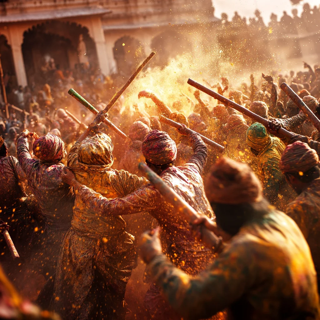 A dynamic and traditional scene of Lathmar Holi in Barsana, where women joyfully chase and playfully hit men with sticks while clouds of vibrant colors fill the air. The participants, dressed in traditional attire, celebrate this unique Holi festival ritual with enthusiasm and energy, symbolizing cultural heritage and festivity.