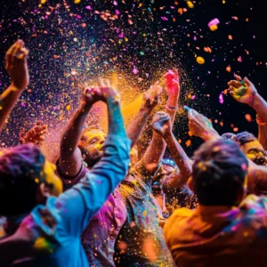 A vibrant celebration of Holi with a group of Gujarati people joyfully throwing colorful powders in the air. The image captures their raised hands and cheerful expressions as bright hues of orange, pink, and yellow explode against a dark background, highlighting the festive energy of the moment.