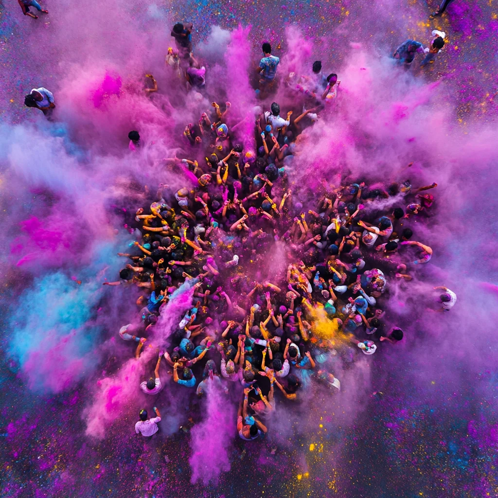 A stunning aerial view of a large crowd celebrating Holi, throwing vibrant clouds of pink, purple, blue, and yellow powders into the air. The top-down perspective captures the dynamic energy of the festival as people joyfully raise their hands, creating a mesmerizing explosion of colors.