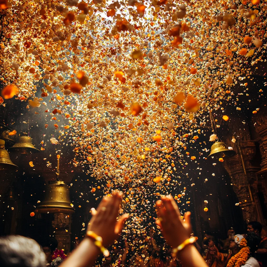 A serene celebration of Phoolon Ki Holi in Vrindavan and Mathura, where devotees raise their hands in devotion as thousands of flower petals shower down inside a temple, creating a divine and festive ambiance.