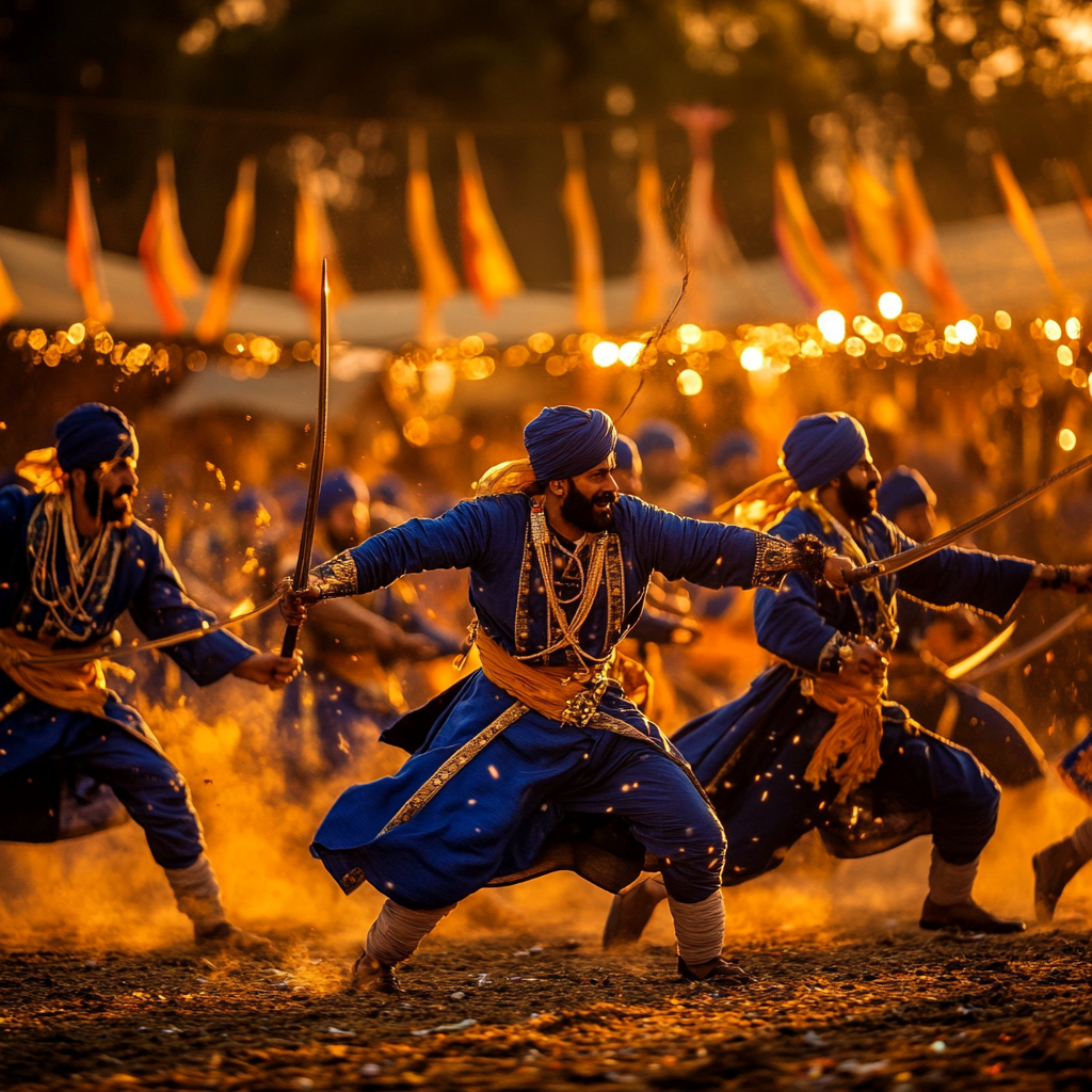 A captivating scene from a festival in Punjab featuring Sikh warriors dressed in traditional blue attire with gold embellishments, performing a martial arts display with swords. The golden sunset and festive flags in the background enhance the grandeur and cultural richness of the moment.