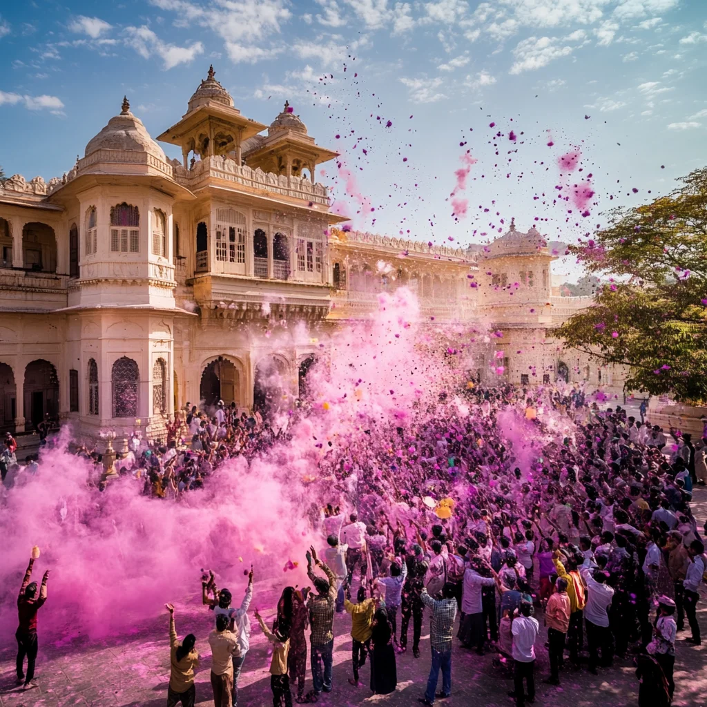 A grand Holi celebration in Udaipur, India, with a large crowd joyfully throwing vibrant pink colors in front of a historic palace. The majestic architecture, traditional attire, and festive atmosphere capture the essence of the royal Holi festival, blending culture and celebration.